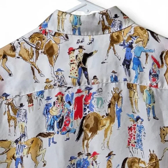 J.McLaughlin 100% Silk Equestrian Horse Print Blouse | Button Down Novelty Shirt - Picture 7 of 9